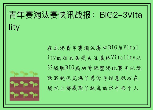 青年赛淘汰赛快讯战报：BIG2-3Vitality