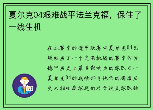 夏尔克04艰难战平法兰克福，保住了一线生机